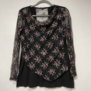 Alberto‎ Makali Top womens Large Black Floral Lace Cowl Neck whimsy goth Witchy